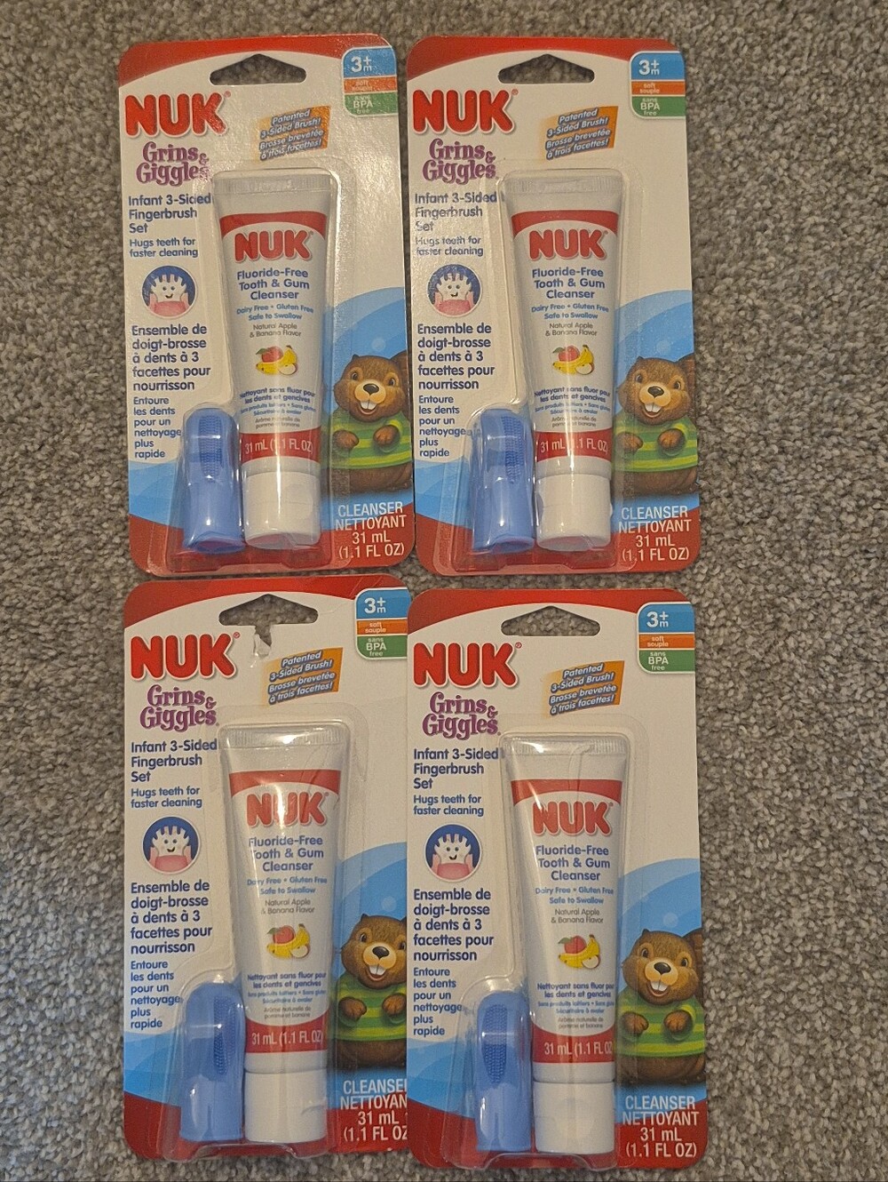 NUK Infant 3-sided Fingerbrush Set Tooth and Gum Cleanser with Toothpaste, 4 Set